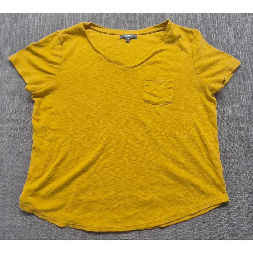 Marled Yellow V Neck Short Sleeve Pocket T-shirt Women's XL Cotton Blend Stretch